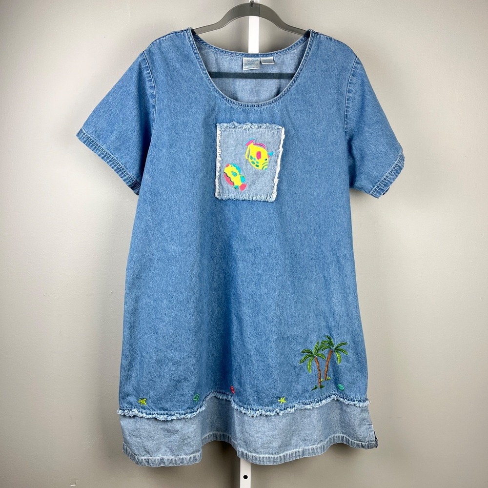 Bleu Bayou Denim Dress Womens 1X Embroidered Tropical Fish Palm Tree Vintage